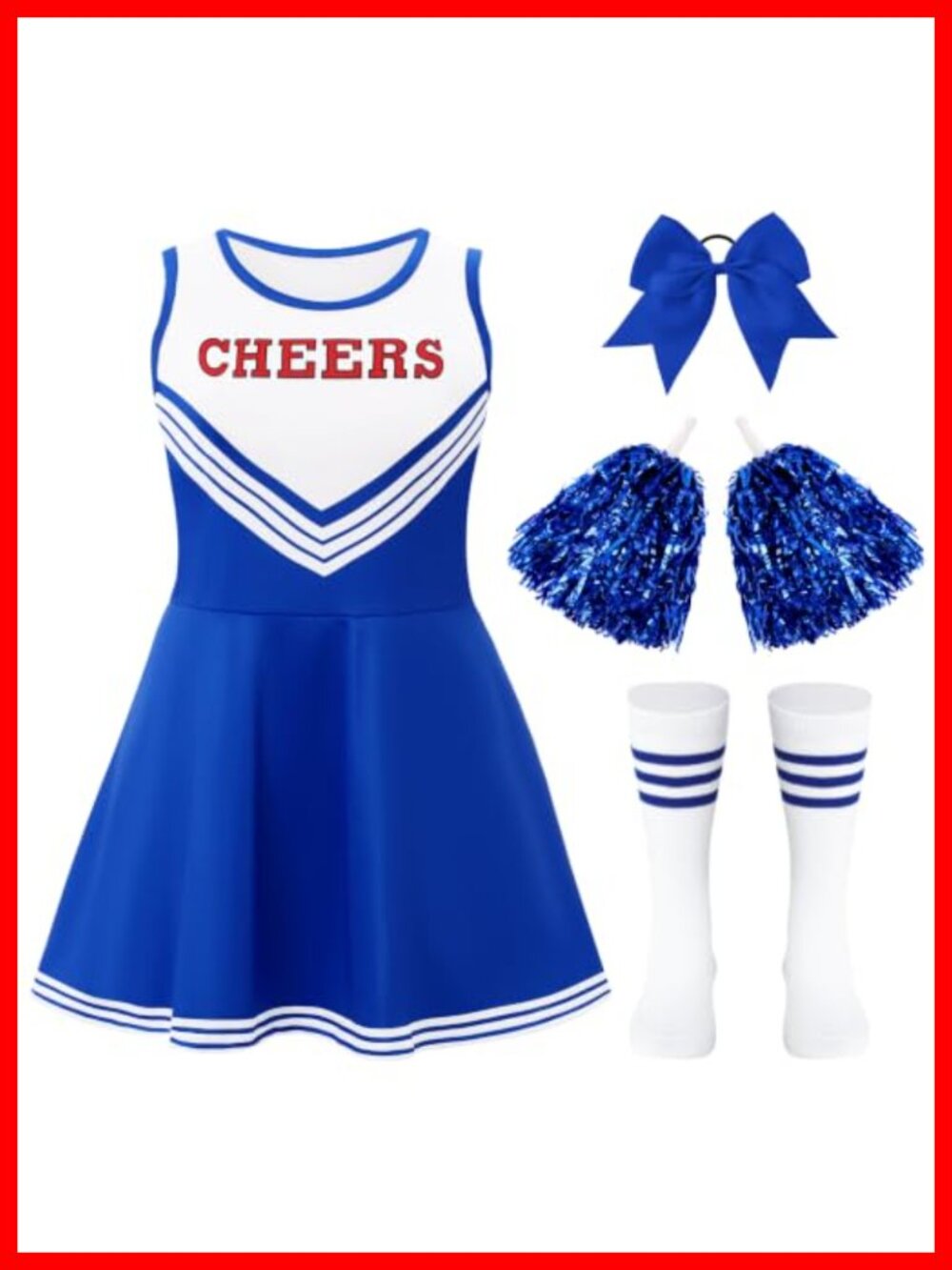 Cheerleader Costume Set Sleeveless Dress Pom Poms Hair Bow Socks